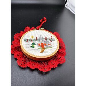 Completed Church Cross Stitch Embroidery Christmas Ornament Hoop Red‎ Lace